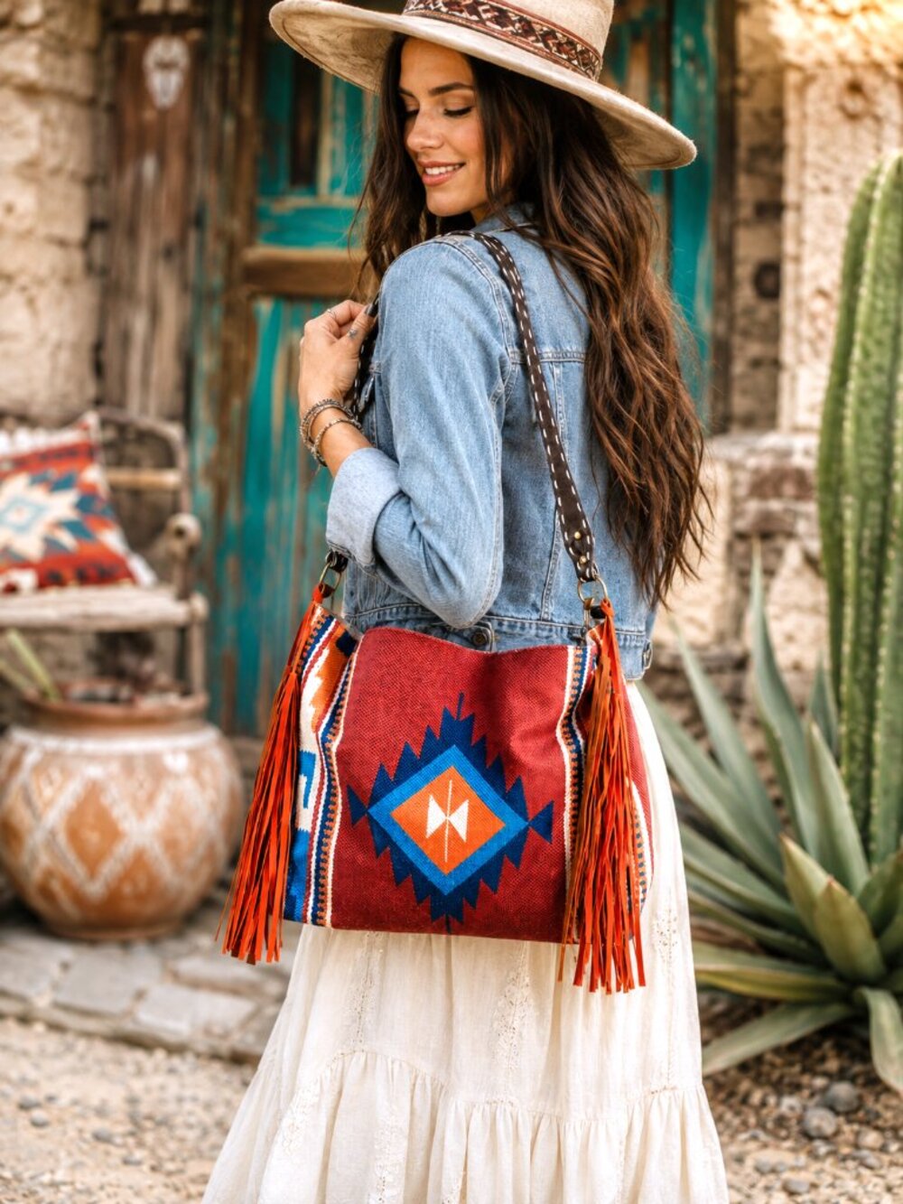 Southwestern Rust Fringe Tote Bag Purse Faux Leather Boho Western Aztec Canvas - Picture 3 of 7